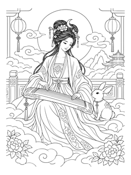 Free printable Moon Goddess Chang'e Playing The Zither coloring page