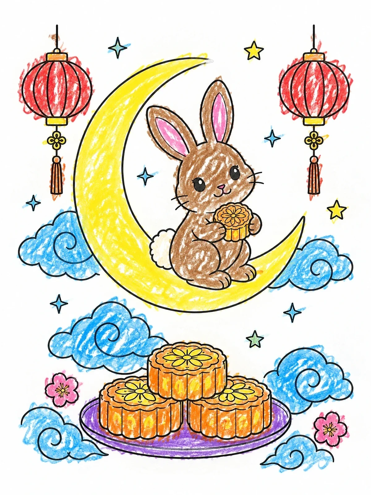 Colored example of the Moon Rabbit With Mooncakes And Lanterns coloring page