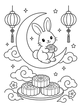 Free printable Moon Rabbit With Mooncakes And Lanterns coloring page