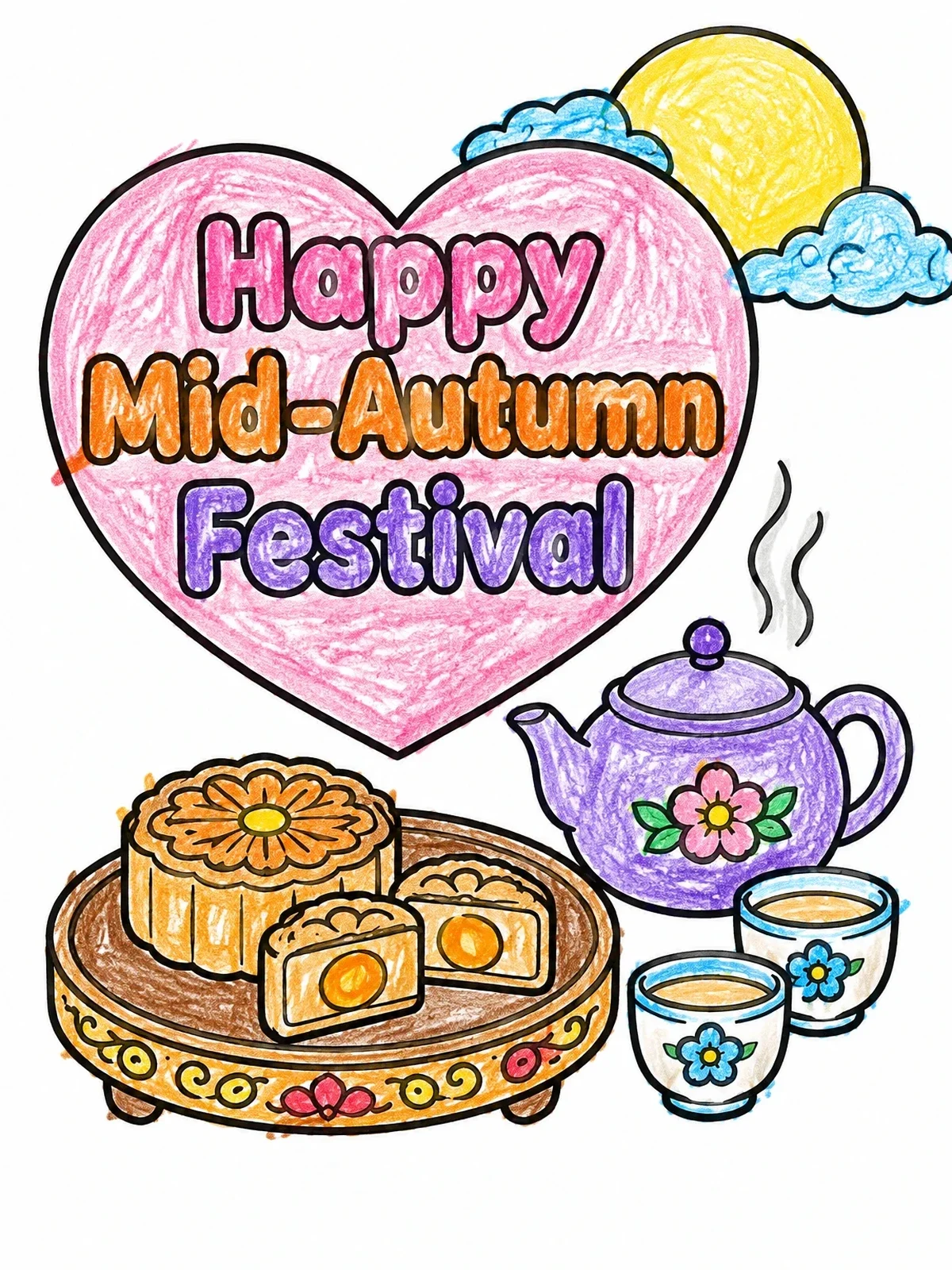 Colored example of the Mooncakes And Tea With Heart Banner coloring page