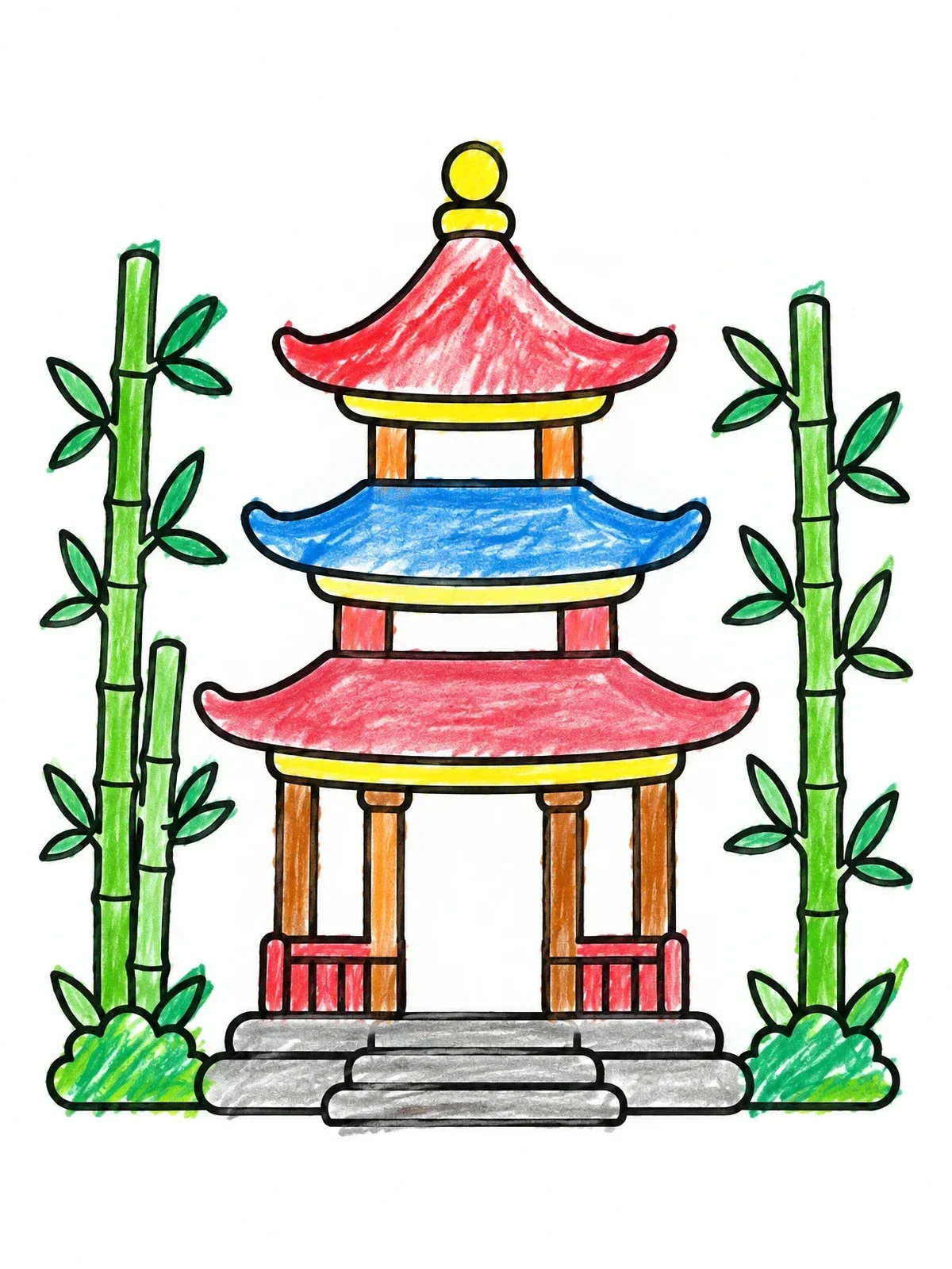 Colored example of the Traditional Pagoda In Bamboo Garden coloring page