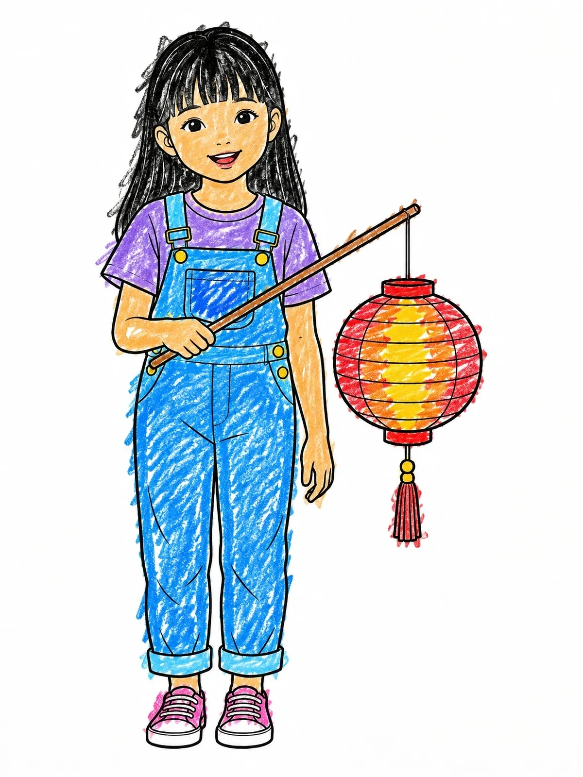 Colored example of the Young Girl With Festive Lantern coloring page