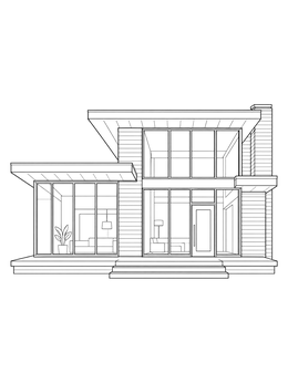 A mid-century modern house coloring page with large geometric glass windows and horizontal siding.