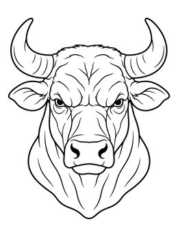 A detailed bull coloring page featuring a front-facing bull head with sharp curved horns.