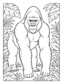 A mighty silverback in this detailed gorilla coloring page surrounded by jungle foliage.