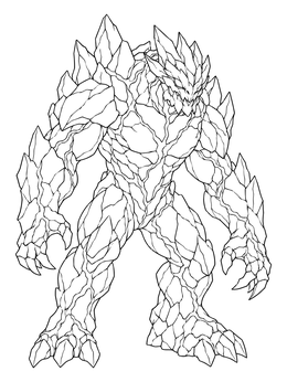 A towering stone beast on this monster coloring page with rocky armor plates.