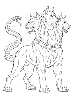 A detailed cerberus coloring page showing the mythical three-headed hound with a serpent tail.