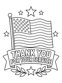 An American flag and festive stars on this military christmas coloring page with a Thank You For Your Service banner.