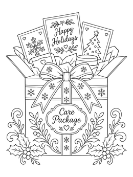 A festive care package with greeting cards in this military christmas coloring page.