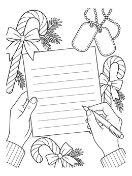 Hands writing on a letter framed by candy canes and dog tags in this military christmas coloring page.