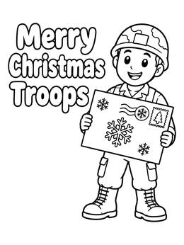 A smiling soldier holds a card in this military christmas coloring page.