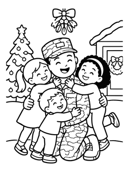 Children hugging a soldier on this military christmas coloring page under mistletoe.