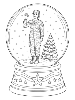 A waving soldier stands by a tree in this military christmas coloring page snow globe.