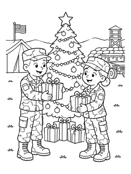 Free printable Soldiers Exchanging Christmas Presents On Base coloring page