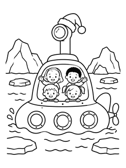 Kids ride a festive periscope vessel in this military christmas coloring page.