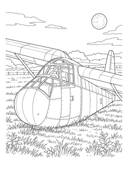 A d day coloring page showing an allied glider resting quietly in a grassy field beneath the moon.