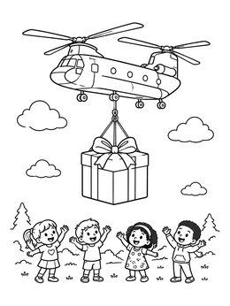 Free printable Helicopter Delivering Christmas Gift To Children coloring page