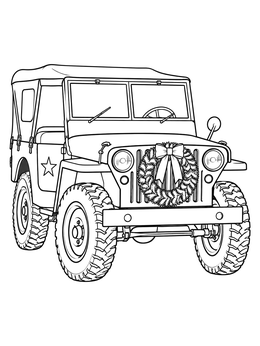 A vintage military jeep decorated with a holiday wreath on this military christmas coloring page.