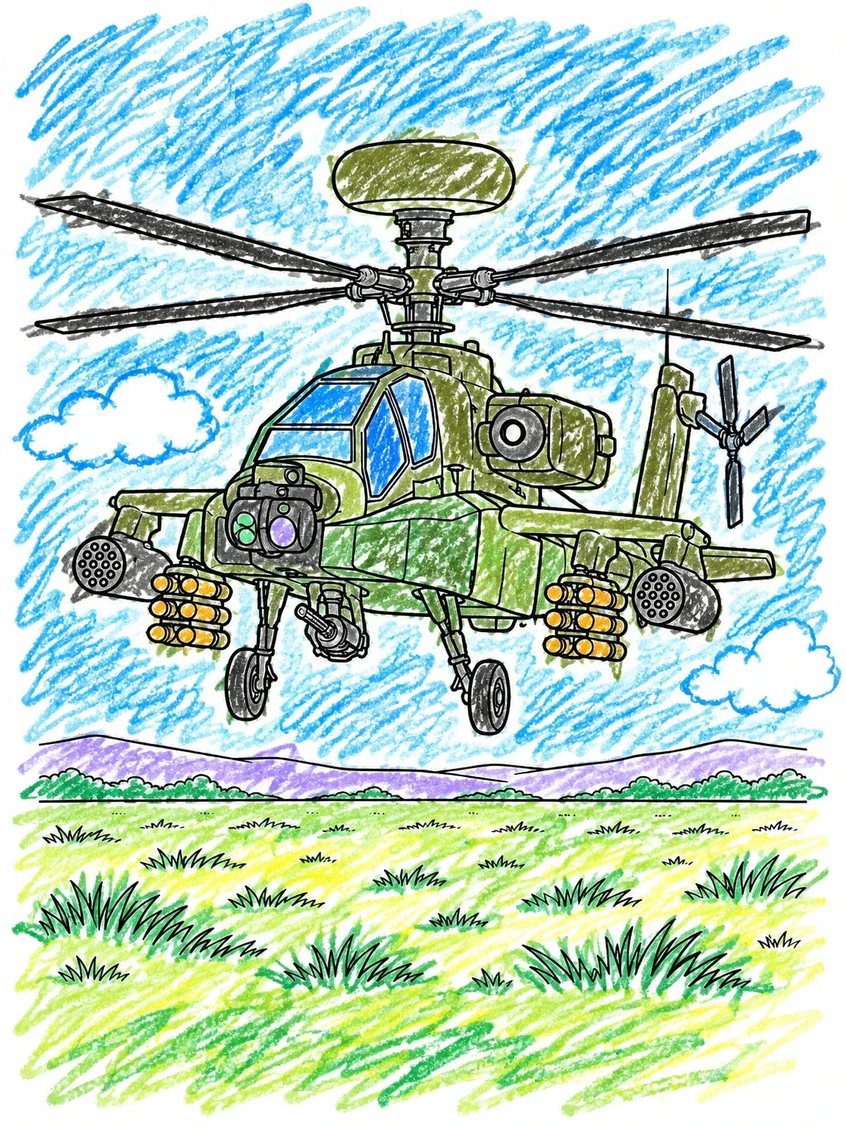 Colored example of the Military Scout Helicopter Over Plains coloring page