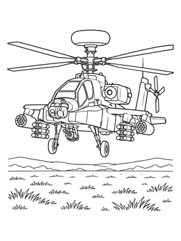 An armored helicopter coloring page featuring a scout chopper hovering low over open fields.
