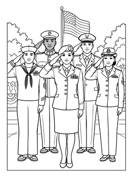 A military service coloring page showing five uniformed members saluting in front of a flag.