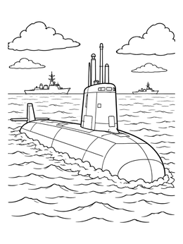 A large naval submarine coloring page navigating calm ocean waters with distant ships.