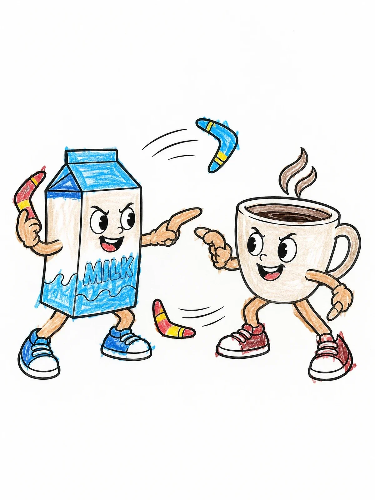 Colored example of the Milk Carton And Coffee Cup Boomerang Duel coloring page