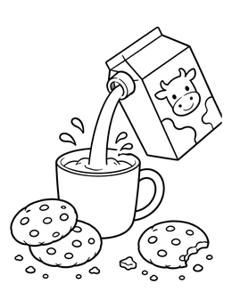 A carton pouring milk into a cup next to snacks on this cookie coloring page.
