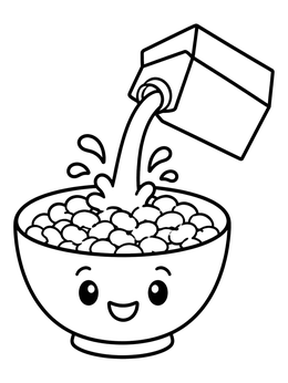A cartoon cereal coloring page showing milk splashing into a smiling bowl filled with cereal puffs.