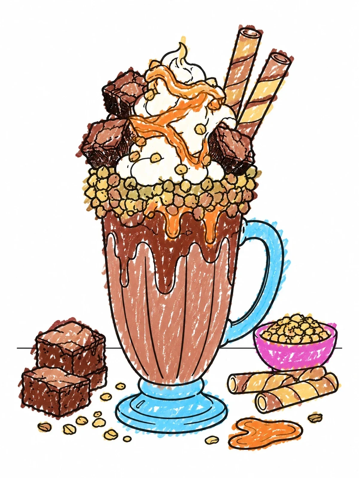 Colored example of the Loaded Fudge Brownie Freakshake coloring page