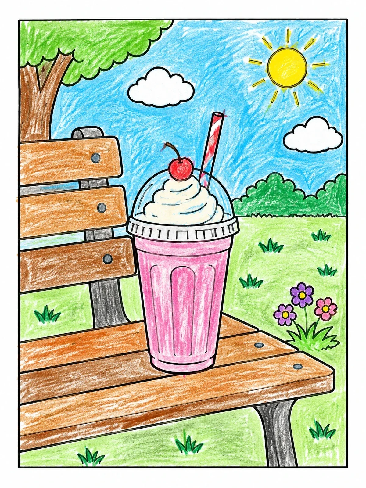 Colored example of the Milkshake On A Park Bench coloring page