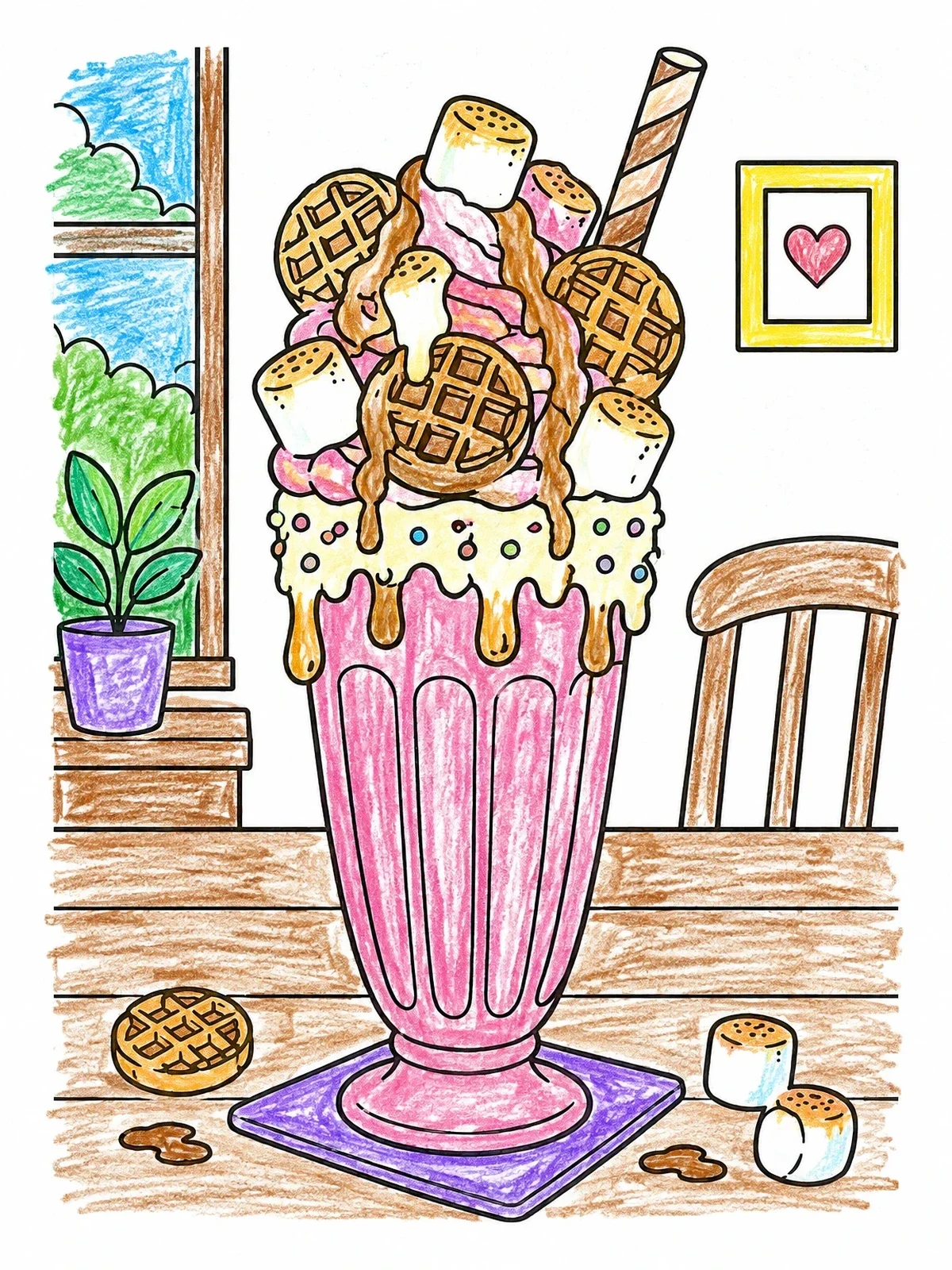 Colored example of the Towering Freakshake With Mini Waffles coloring page