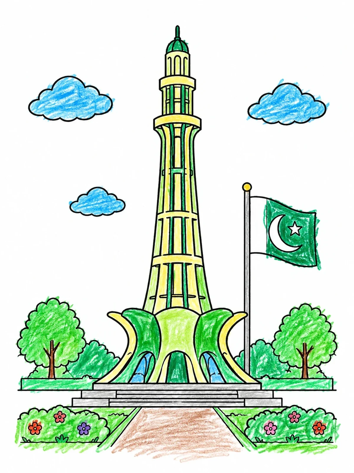 Colored example of the Minar E Pakistan And National Flag coloring page