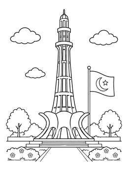 Free printable Minar E Pakistan And National Flag coloring page