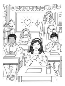 Students practice mindfulness in this self control coloring page set inside an elementary classroom.