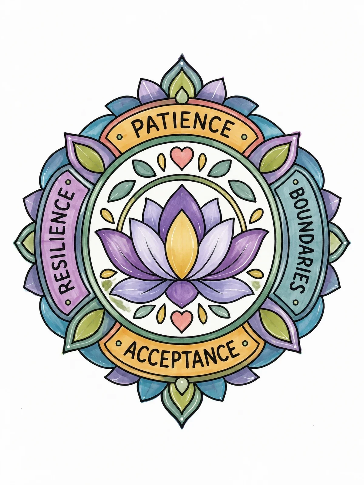 Colored example of the Mindful Lotus Coping Skills Mandala coloring page