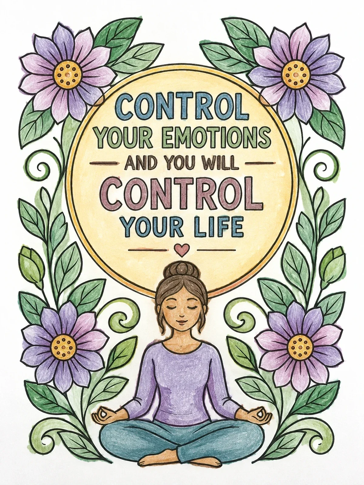 Colored example of the Mindful Meditation With Motivational Quote coloring page