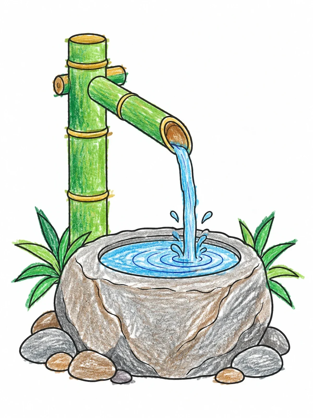 Colored example of the Bamboo Fountain And Stone Basin coloring page