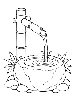 A tranquil bamboo water fountain pouring into a stone basin in this mindfulness coloring page.