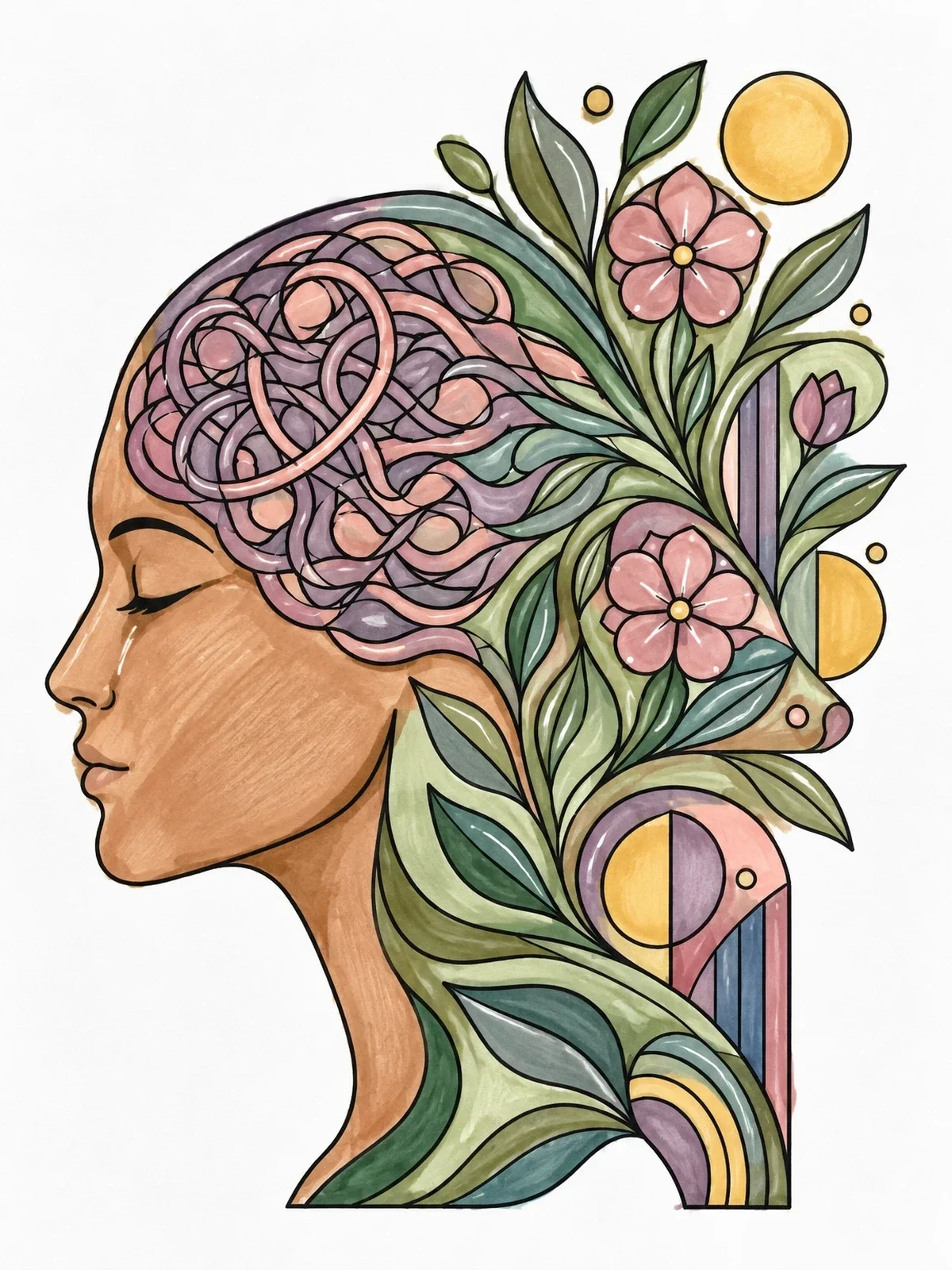 Colored example of the Botanical Mind In Serene Profile coloring page