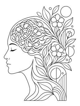 A woman's serene profile with botanical patterns on a mindfulness coloring page.