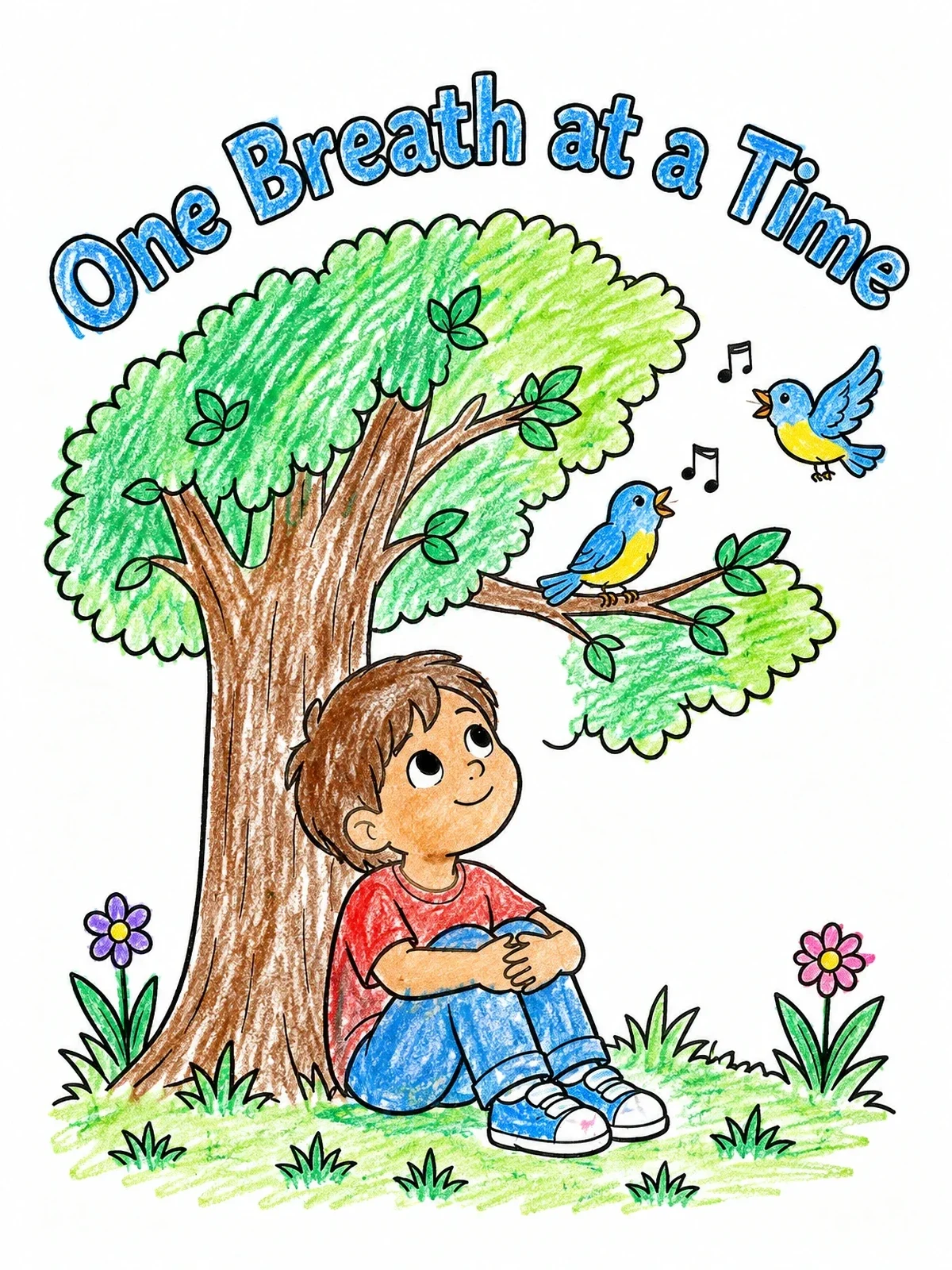 Colored example of the Boy Listening To Singing Birds coloring page