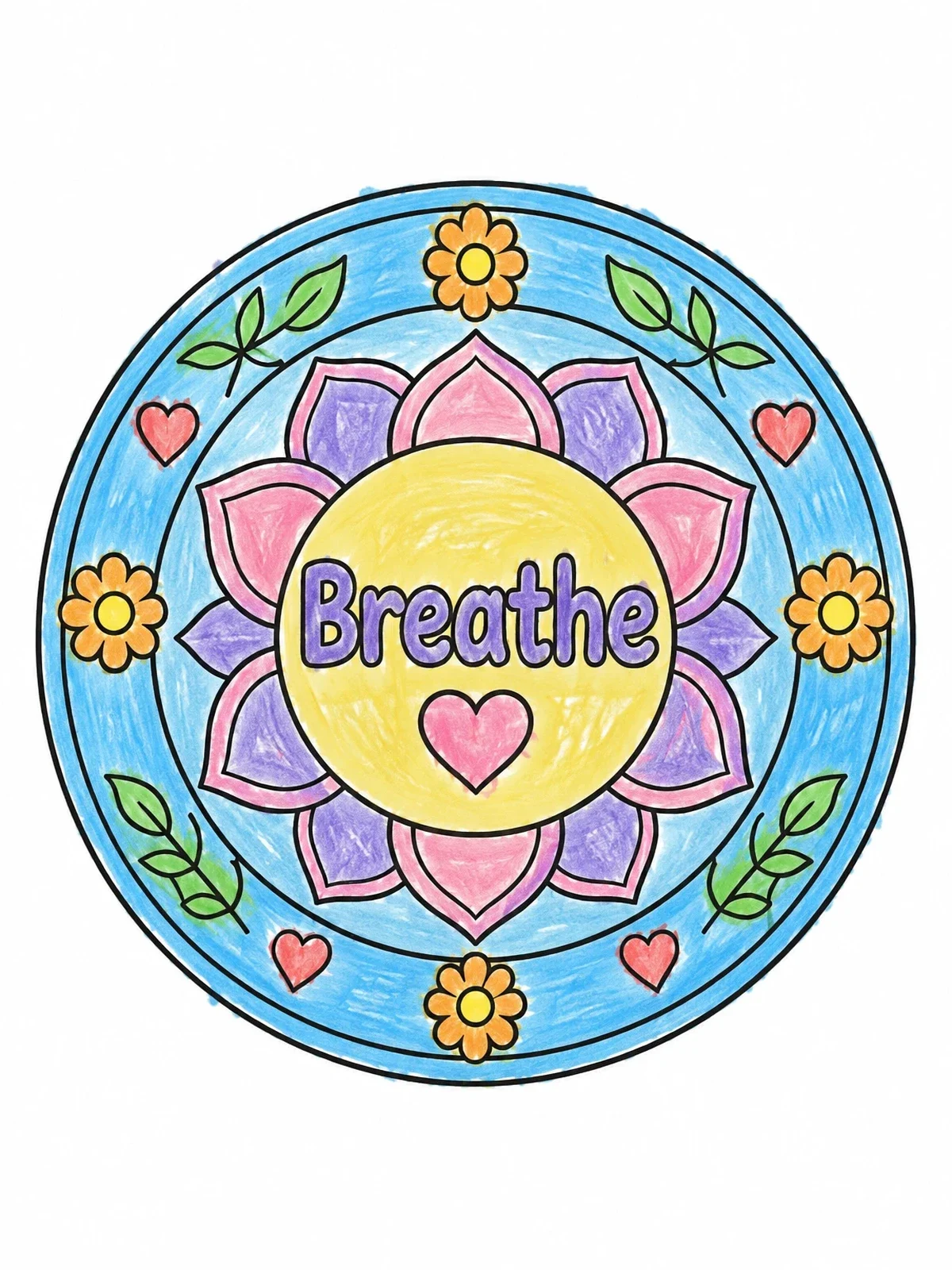 Colored example of the Breathe Floral Mandala coloring page