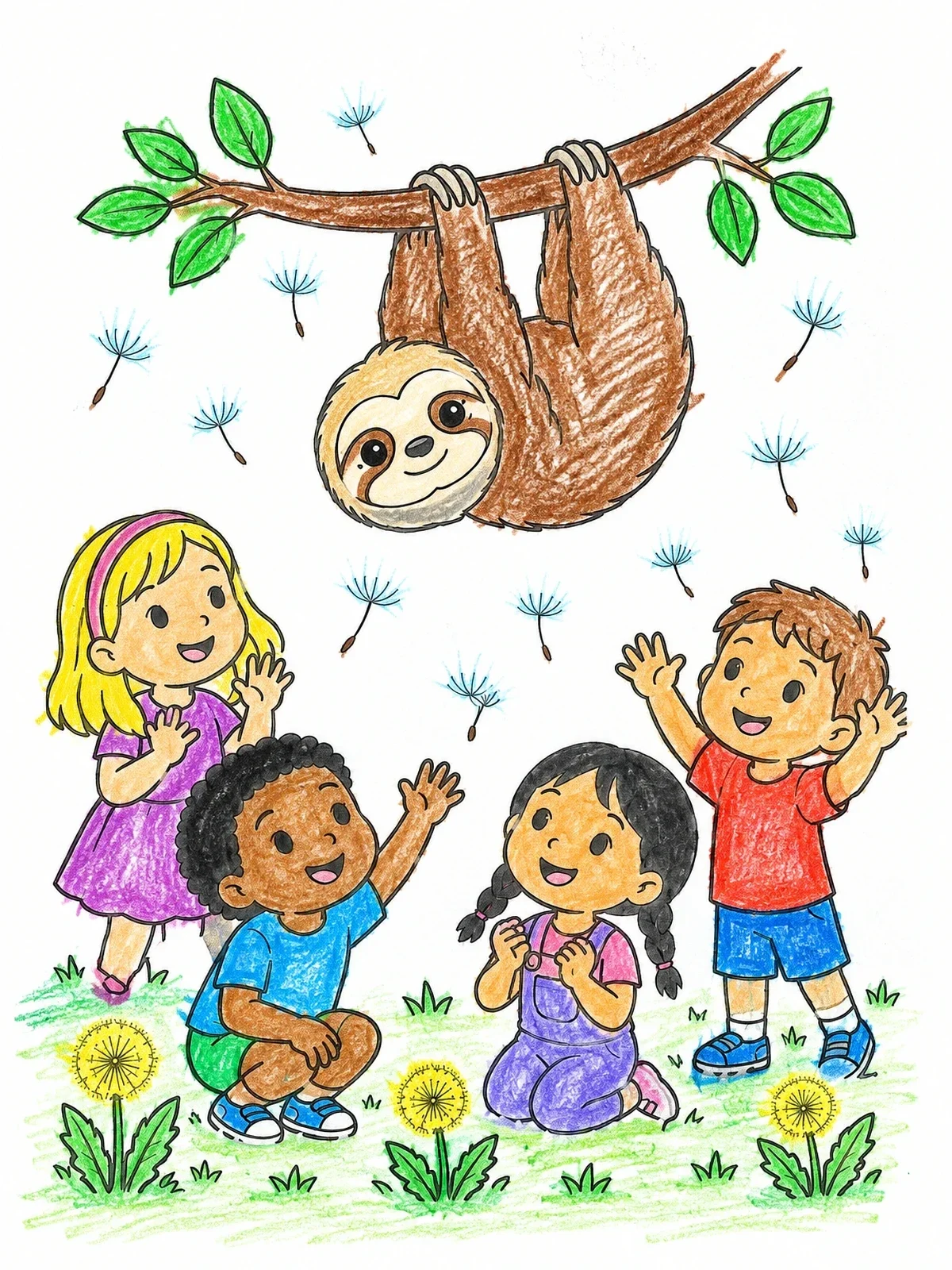 Colored example of the Children And Sloth With Dandelions coloring page