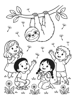 Free printable Children And Sloth With Dandelions coloring page