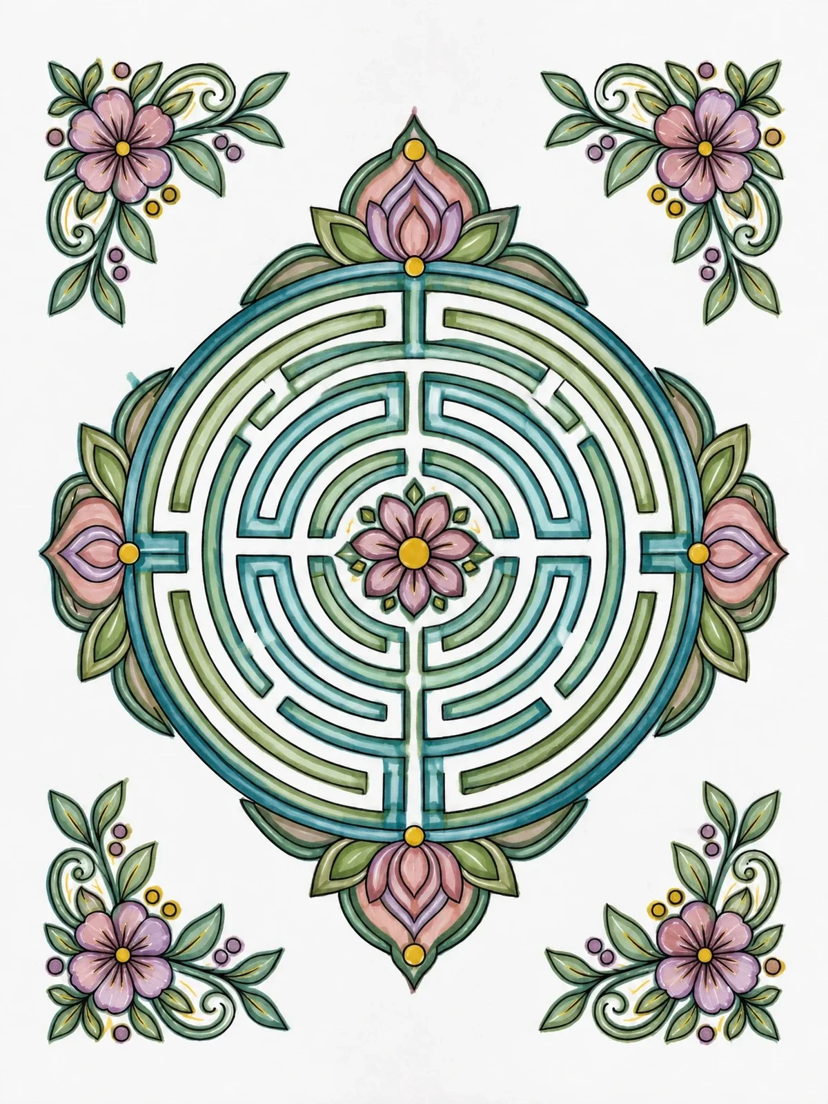 Colored example of the Circular Labyrinth Mandala With Floral Corners coloring page