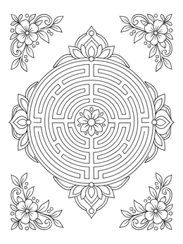 A mindful circular maze mandala with flowers on this mindfulness coloring page.