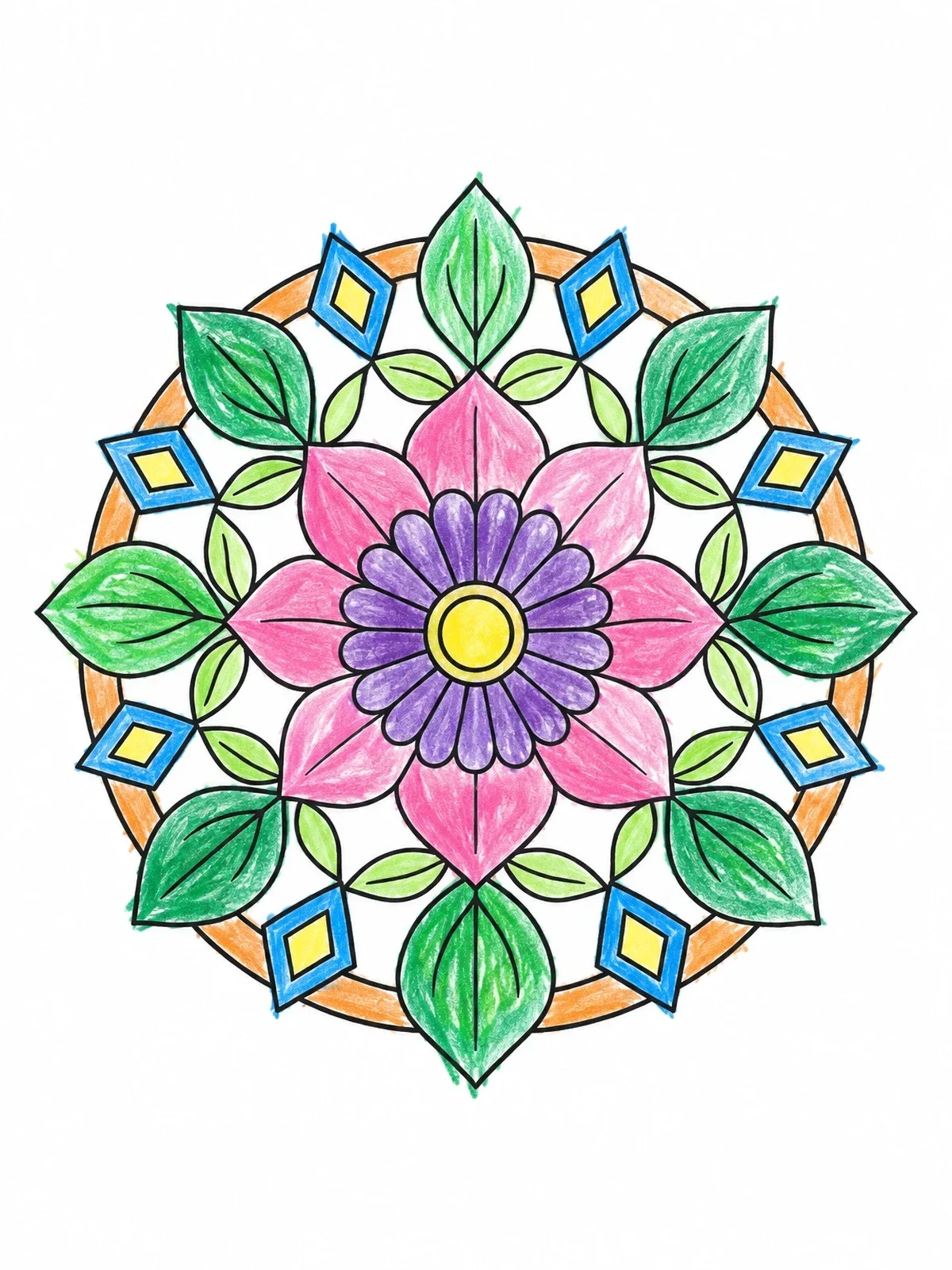 Colored example of the Geometric Floral Mandala Pattern coloring page