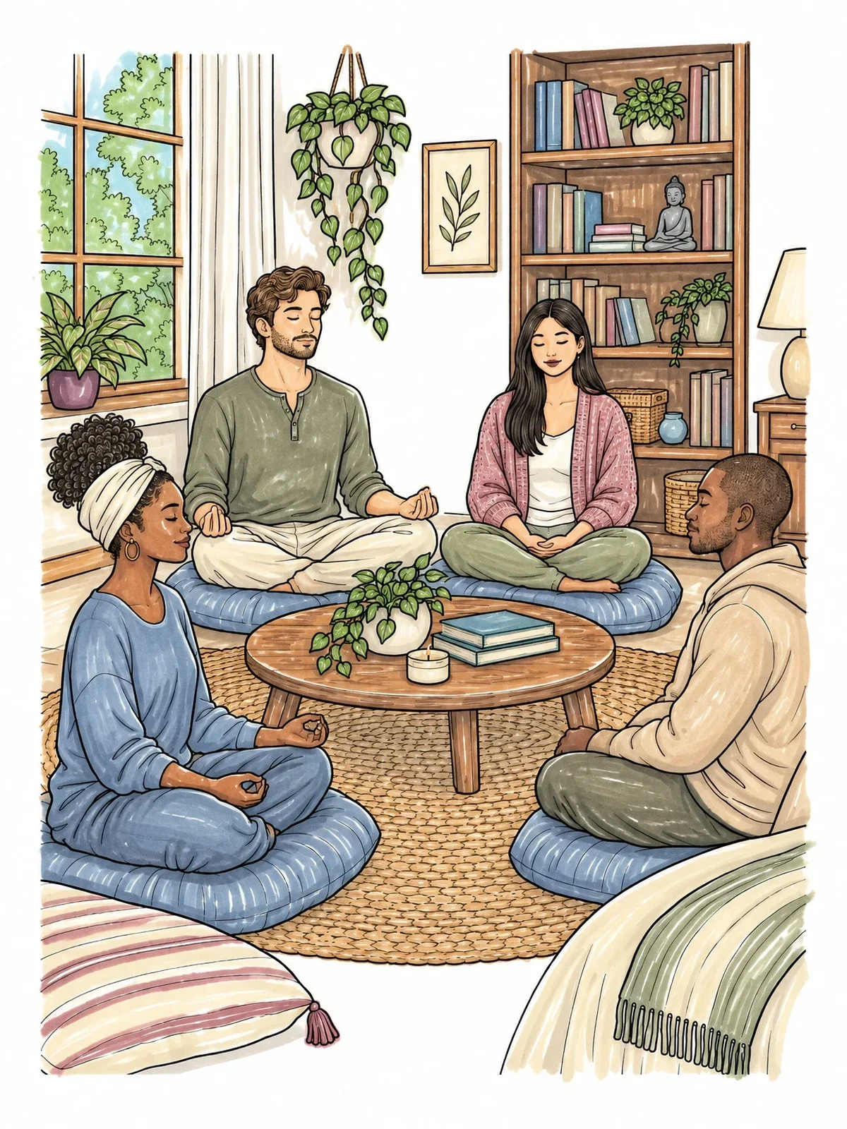 Colored example of the Group Meditation In A Cozy Room coloring page