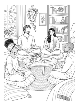 A group meditating together in a mindfulness coloring page with indoor plants and cushions.